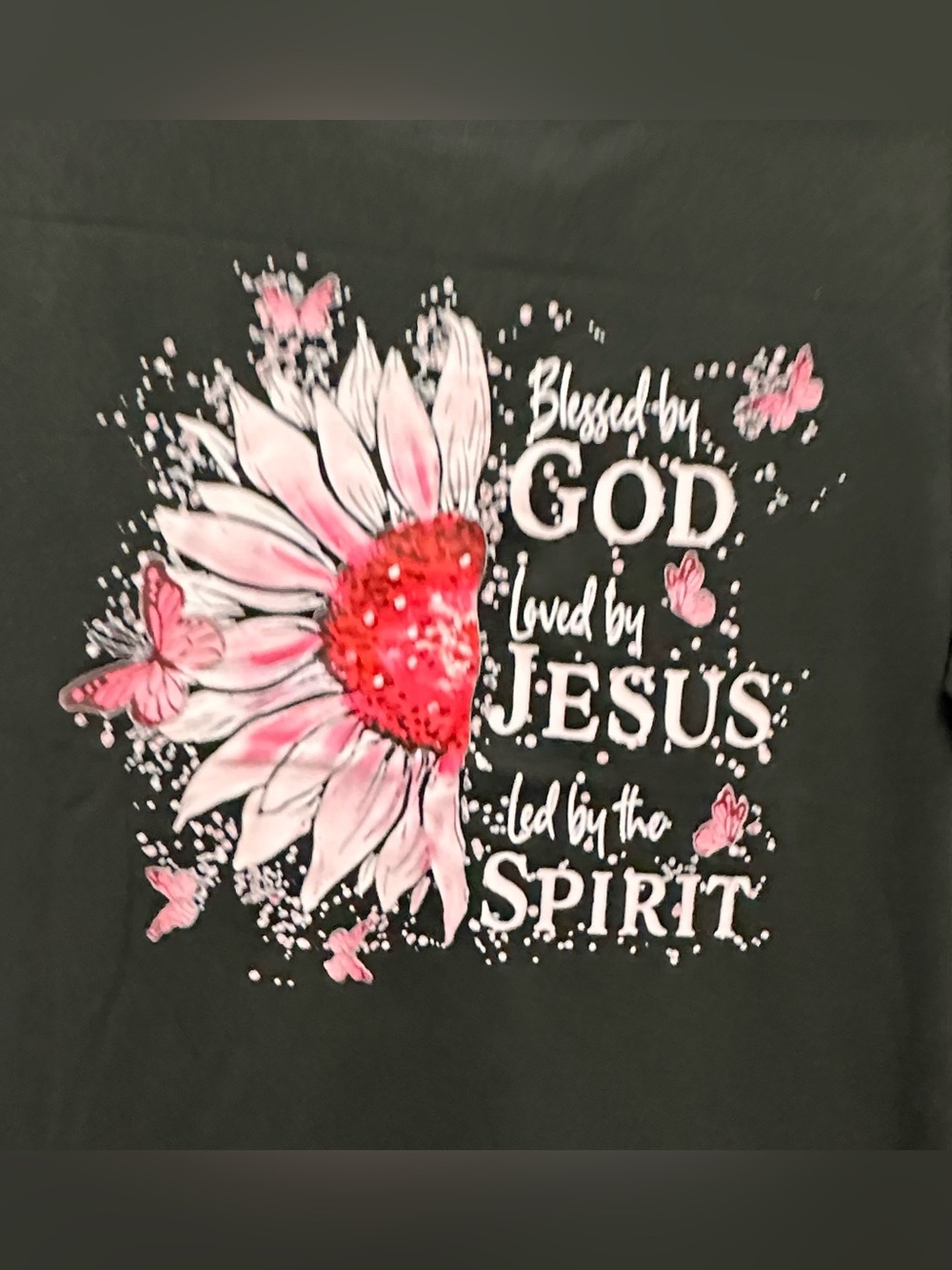 Blessed by God Loved by Jesus Christian Sunflower Graphic Tee Black (0129, 0120)